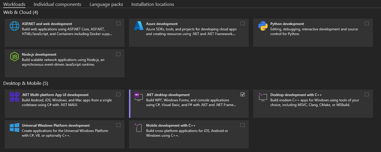 Image showing what workloads to install